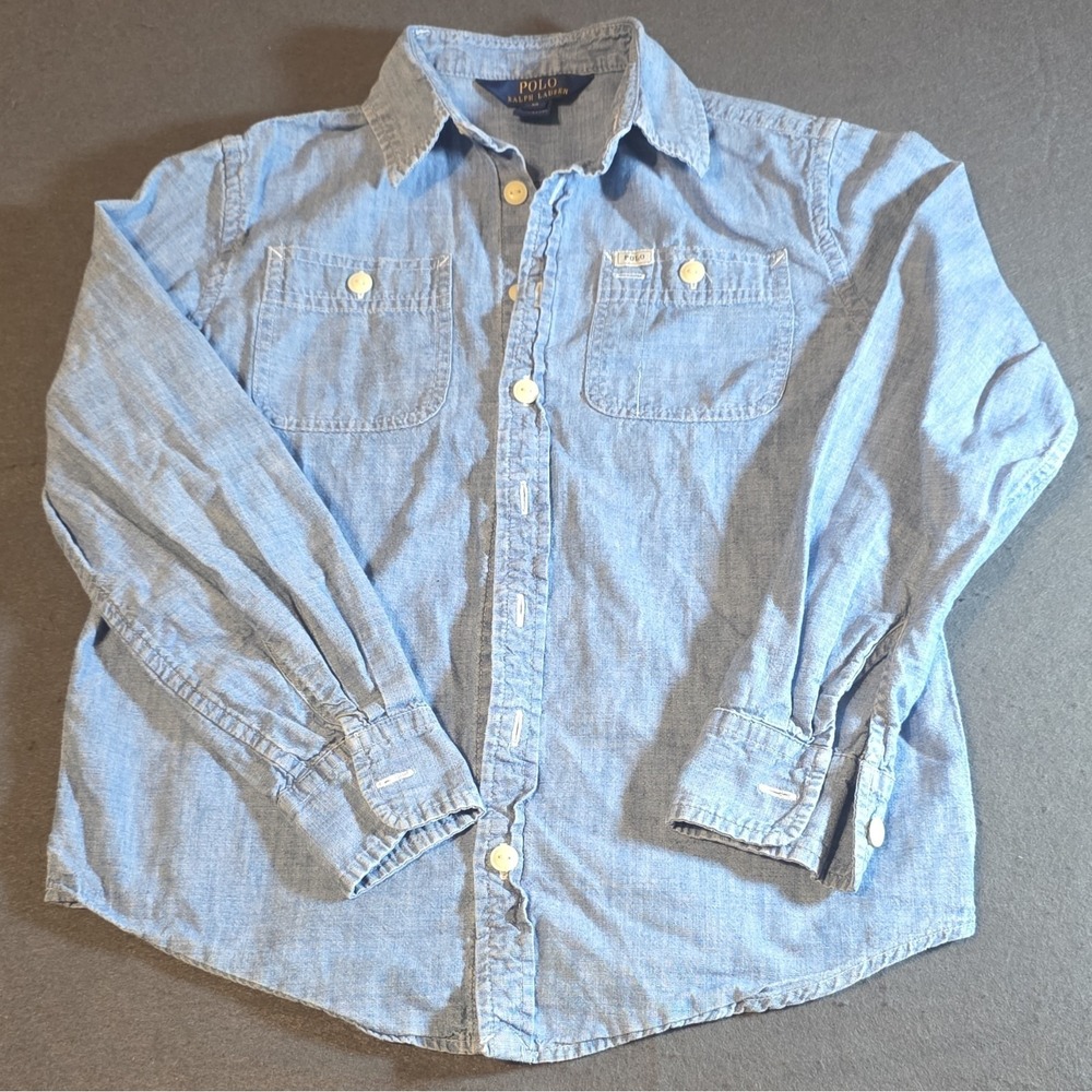 Polo Ralph Lauren Men's Blue Solid Chambray Cotton Long Sleeve Button-Up 10